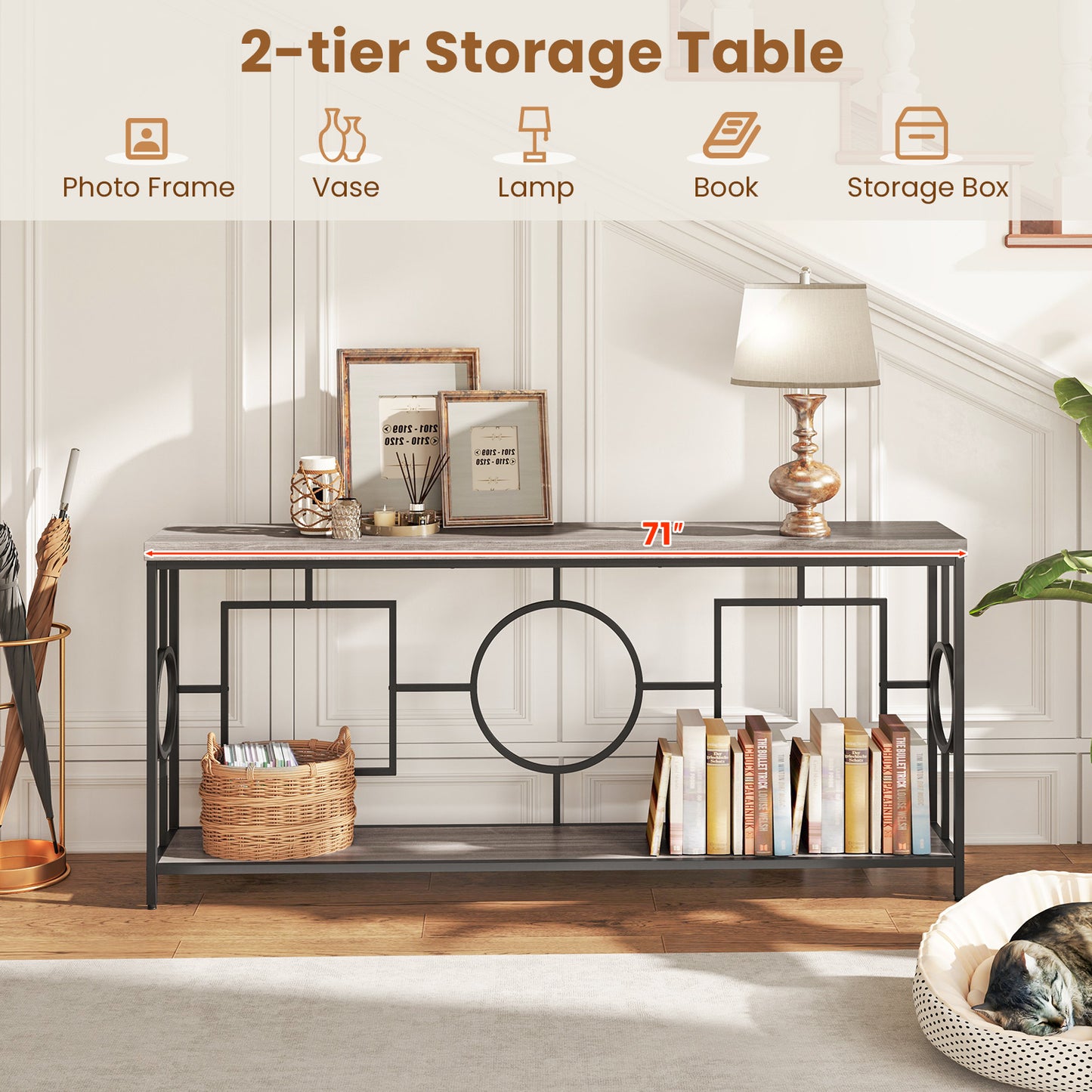 Sidetable – Console Tafel – Haltafel – Wandtafel – Sofa Tafel – 2-Laags Met Marmerlook – Smal & Extra Lang – Zwart Metalen Frame – Anti-Kantel Veiligheid