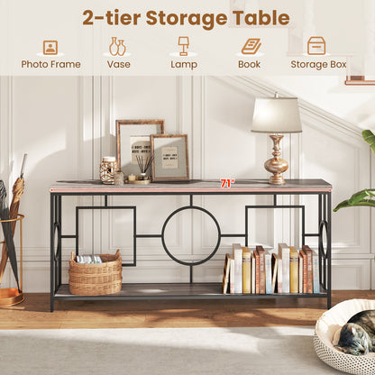 Sidetable – Console Tafel – Haltafel – Wandtafel – Sofa Tafel – 2-Laags Met Marmerlook – Smal & Extra Lang – Zwart Metalen Frame – Anti-Kantel Veiligheid