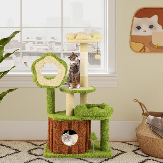 Speeltoren Kat – Kattentoren, Klimtoren, Kattenhuis, Krabpaal – Groen & Bruin – 40 Inch Hoog – Stevig Hout & Zachte Bekleding