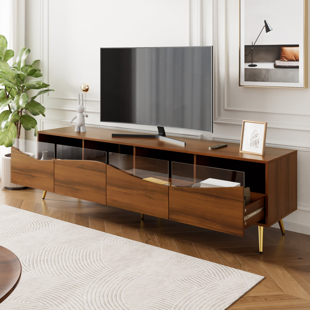TV Meubel – TV Kast – TV Dressoir – Media Console – Lowboard – Modern Design – Hoogwaardige Materialen – 180x40x50 cm – Gouden Metalen Poten – Glazen Front – Opbergruimte