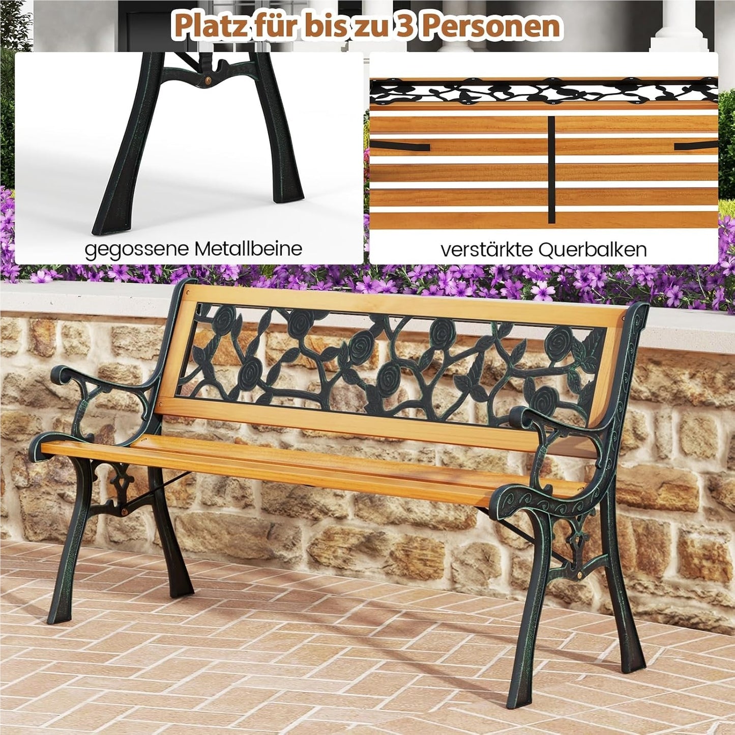 Tuinbank – Buitenbank – Balkonbank – Parkbank – Houten Bank – Weerbestendig Hout – Stevig Metalen Frame – 2 Persoons – 126 x 52 x 74 cm