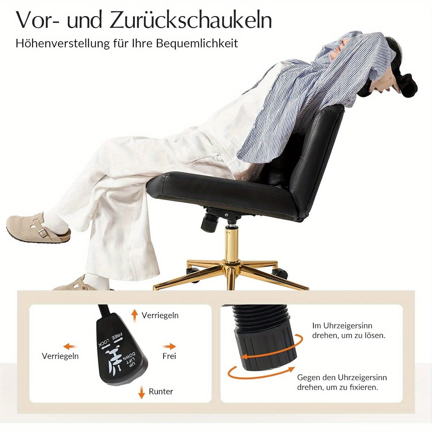 Ergonomische Bureaustoel – Bureaustoel Zonder Armleuningen – Werkstoel – Draaistoel – Schommelstoel – Zithoogte Verstelbaar – Metalen Onderstel Zwart