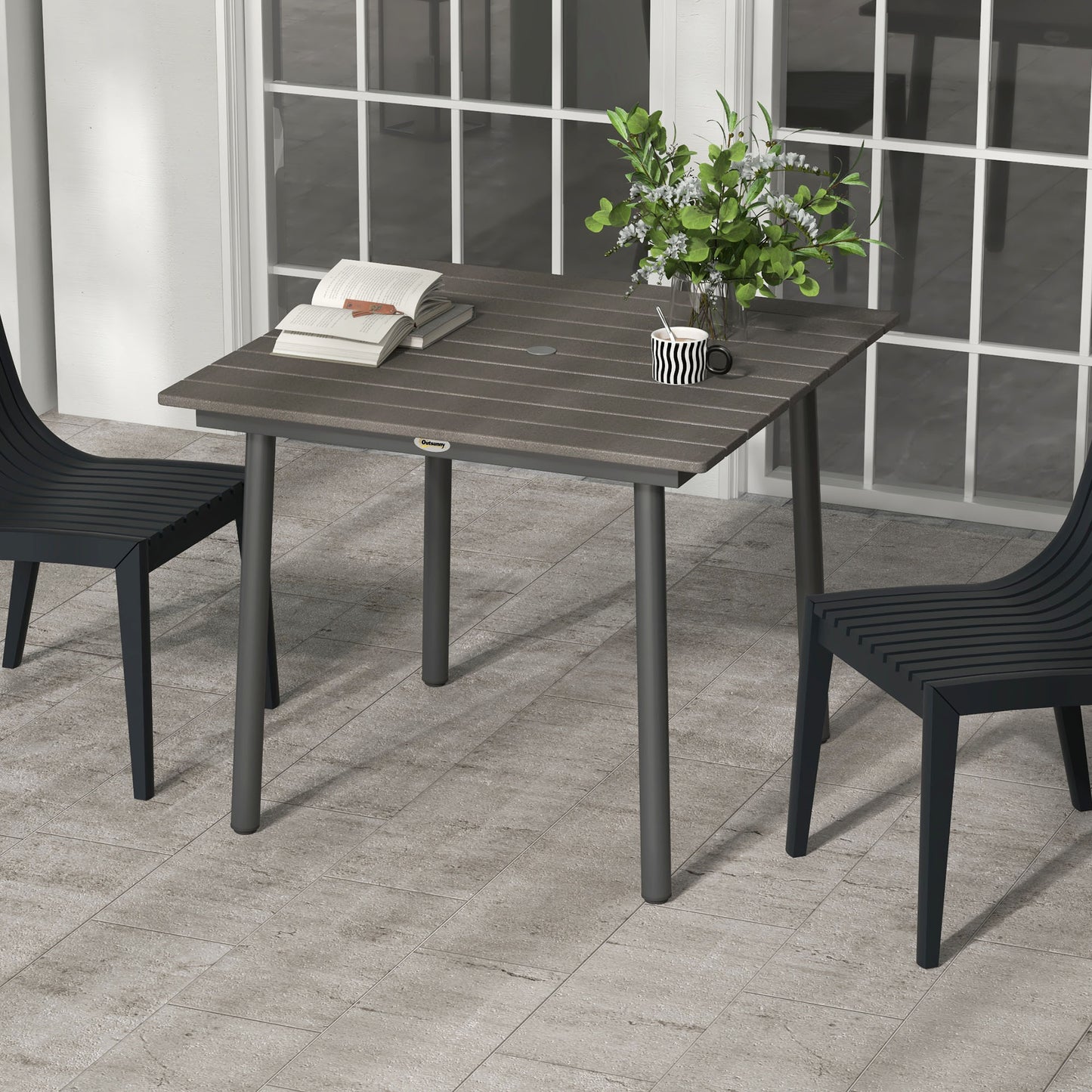 Tuintafel – Buiten tafel – Terrastafel – Eettafel – Loungtafel – Donkergrijs – Weerbestendig Aluminium – Parasolgat 90x90x75 cm