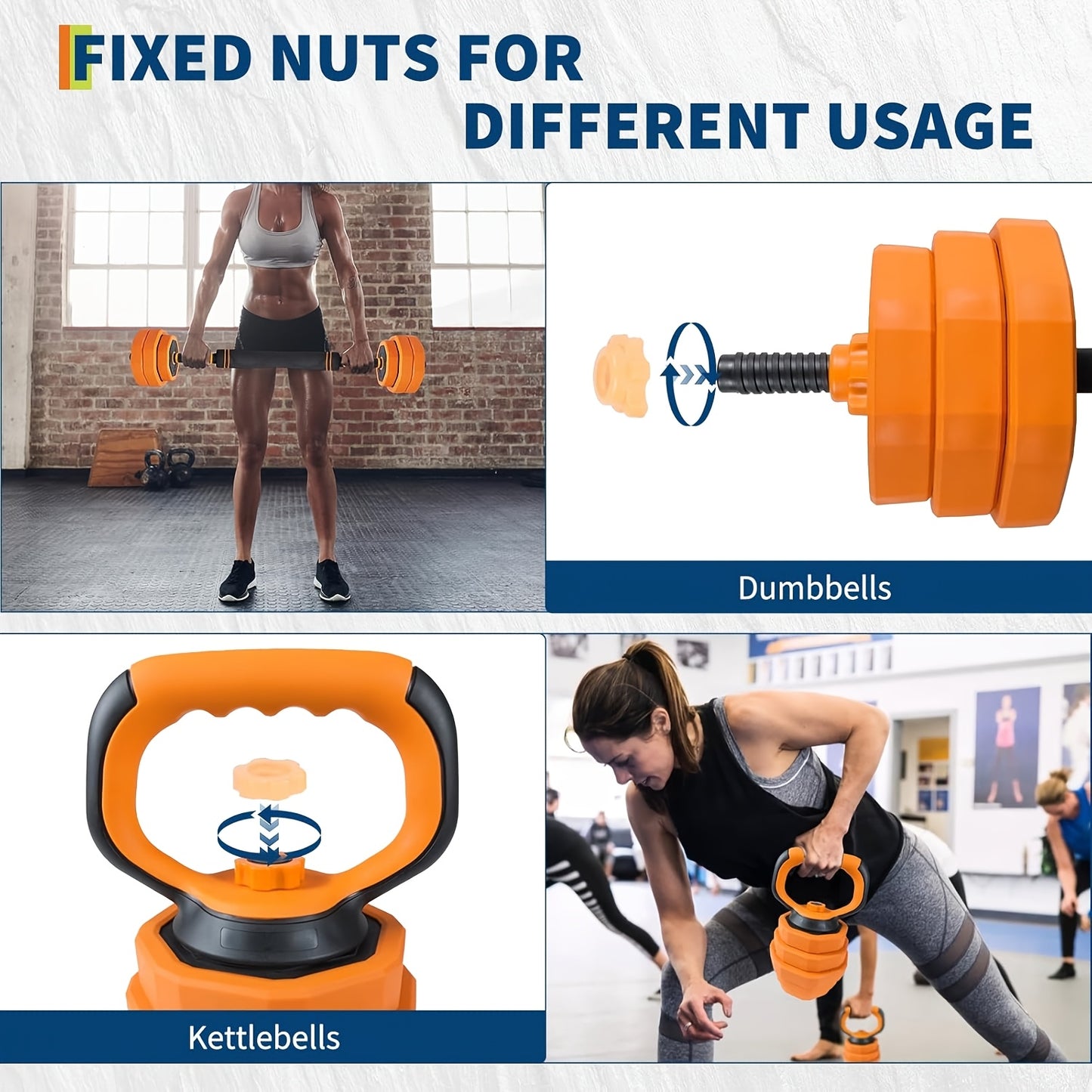 4-In-1 Adjustable Dumbbell Set 29.94KG | Convertible to Barbell, Kettlebell & Push Up Stands, Home Gym Equipment for Men & Women, Space Saving Weights, Orange, Synthetic Rubber, Towallmark