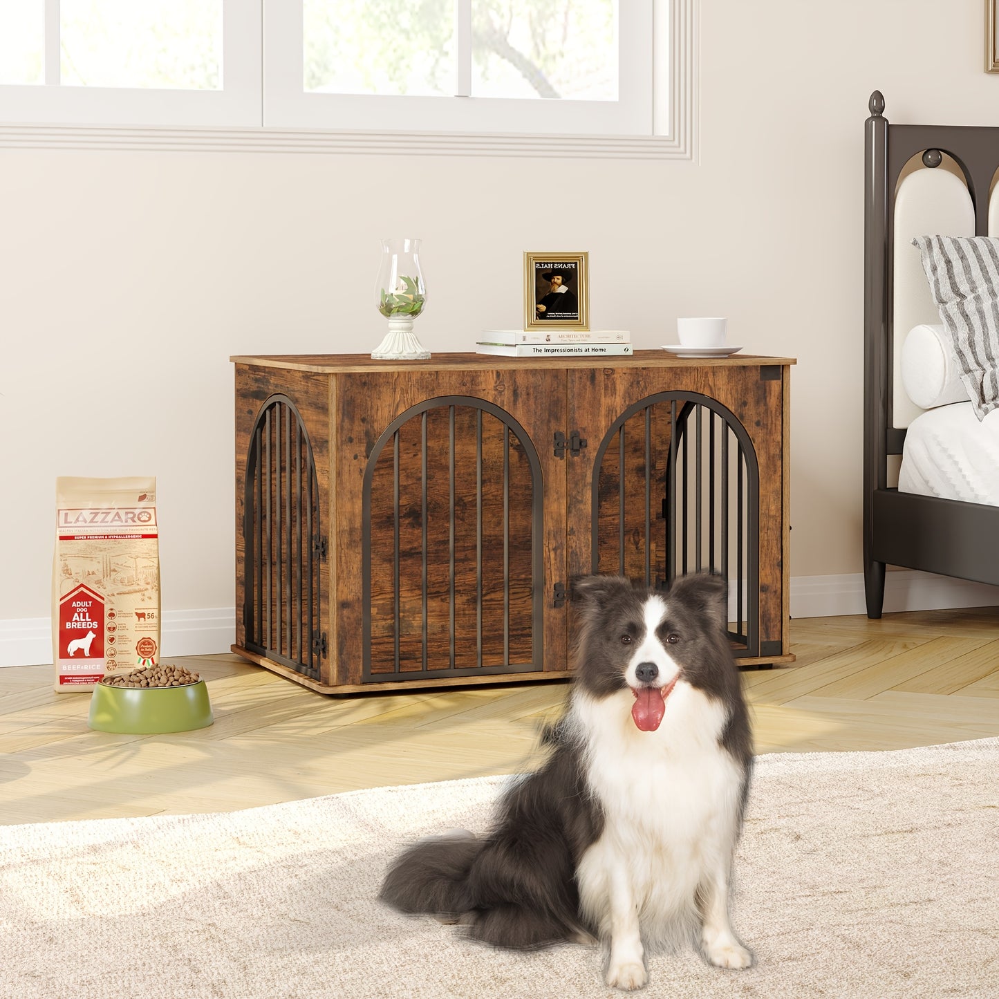 Modern & Black Dog Crate Furniture with 3-Arched Doors & Side Table - Sturdy Iron Construction, Spacious 100x60x63cm Indoor Kennel for Large Dogs, Durable Pet House with Storage Shelf, Decorative & Functional Design for Home - QUORE