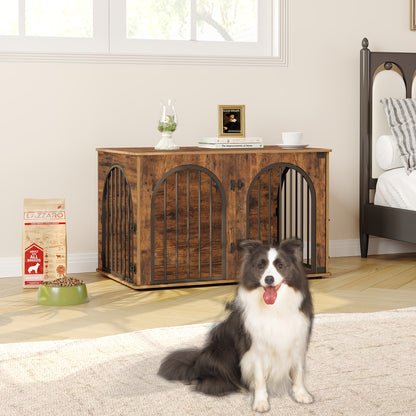 Modern & Black Dog Crate Furniture with 3-Arched Doors & Side Table - Sturdy Iron Construction, Spacious 100x60x63cm Indoor Kennel for Large Dogs, Durable Pet House with Storage Shelf, Decorative & Functional Design for Home - QUORE