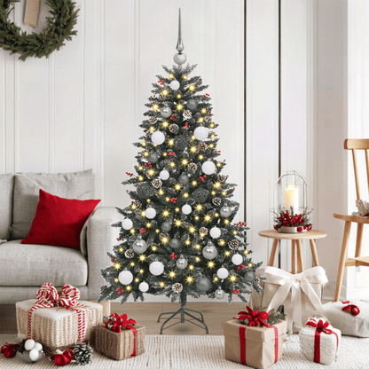 Full PVC Artificial Christmas Tree with Lush Green Foliage & Clear Ornament-Like Branch Tips - Pre-Lit with Warm White Lights, Sturdy Black Stand, No Electricity Needed, Easy Setup for Living Room, Bedroom, Window Display - D