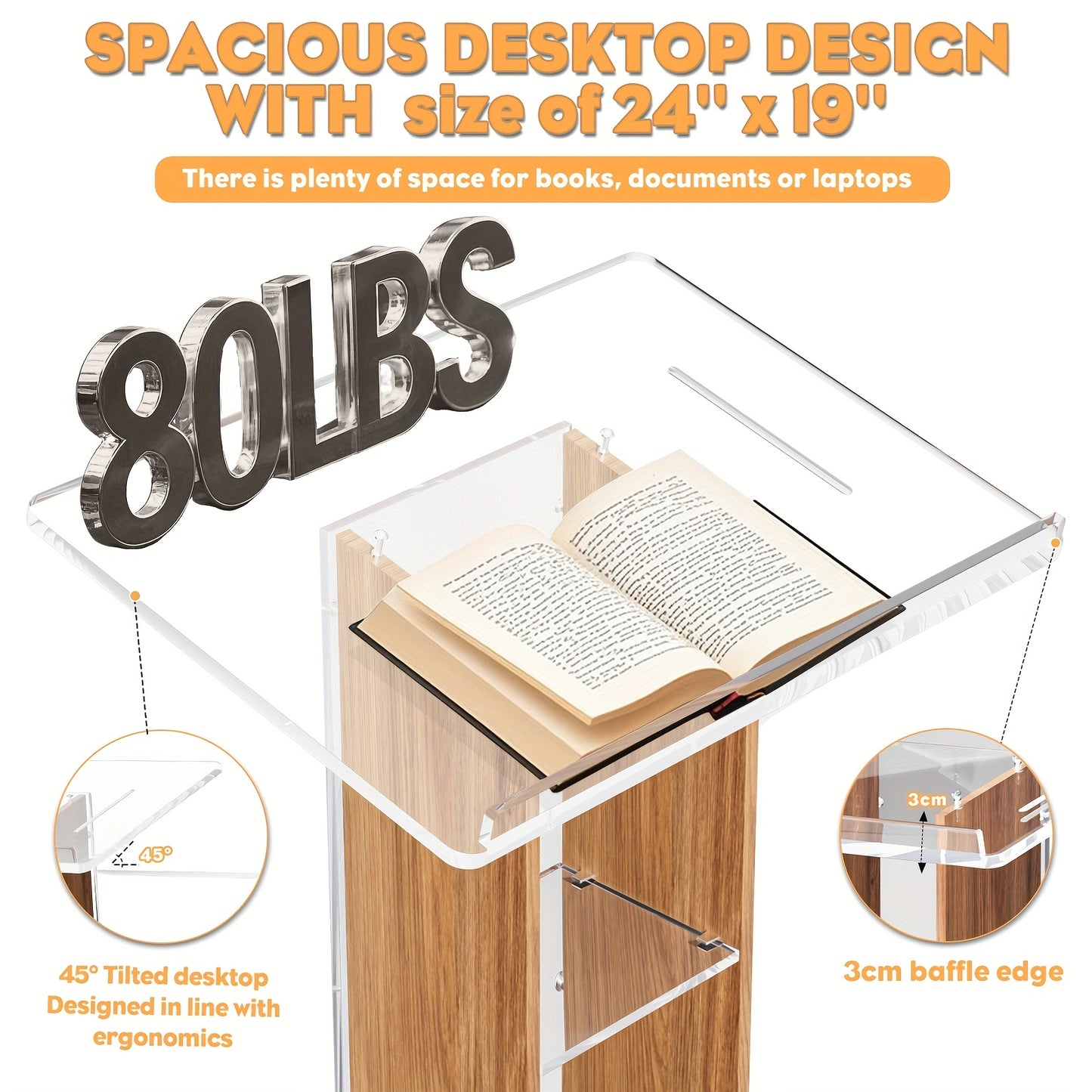 Spreekgestoelte – Lessenaar – Podium – Presentatietafel – Katheder – Hout en Acryl – Voorzien Van 4 Wieltjes – 2 Ruime Opbergladen