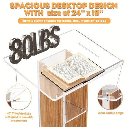Spreekgestoelte – Lessenaar – Podium – Katheder – Presentatietafel – Hout en Acryl – Verplaatsbaar Met Wieltjes – Met 2 Opberglades