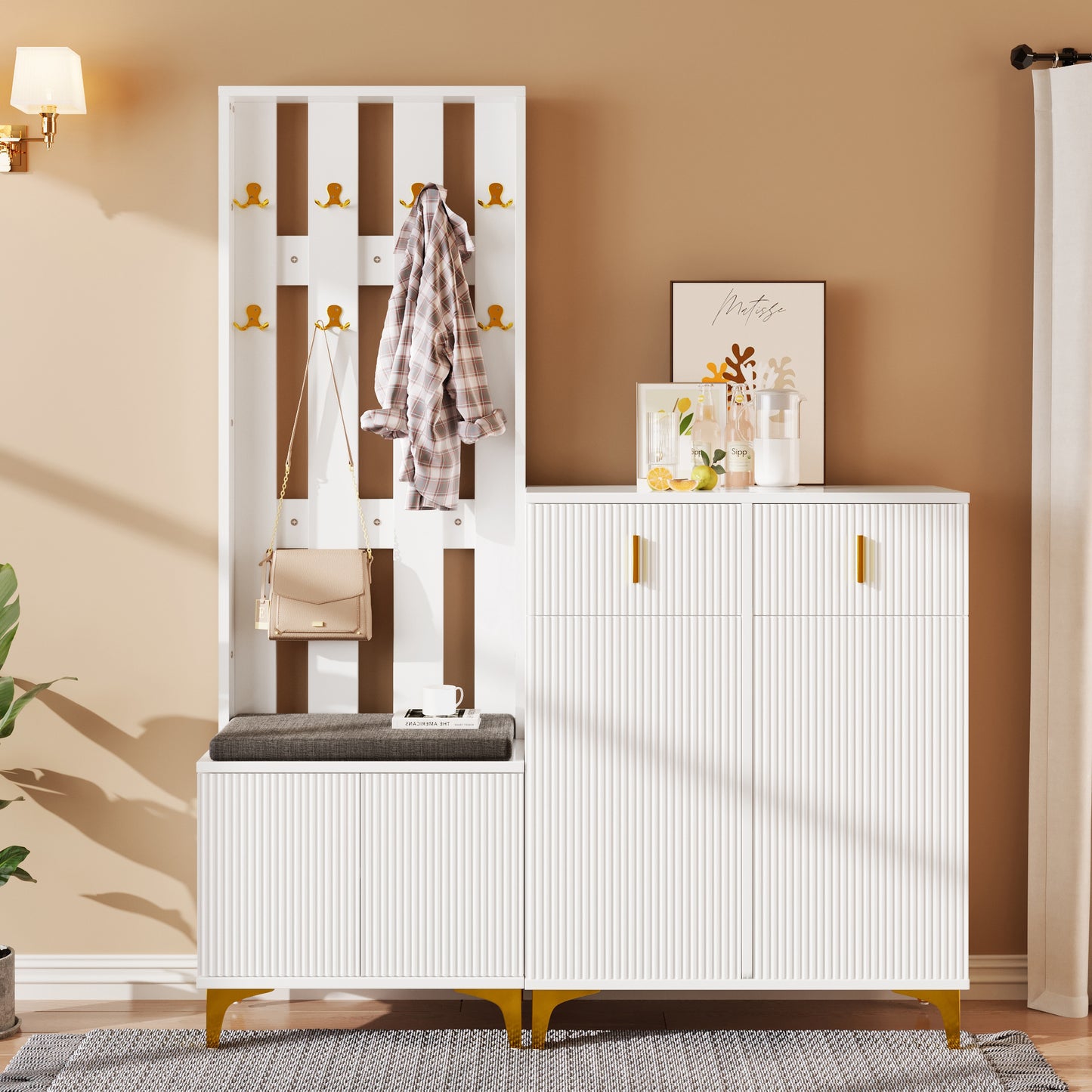 Halmeubel Set – Halmeubelcombinatie – Schoenenkast – Garderobekast – Schoenenbank – Wit – Goudkleurige Haken – Comfortabel Zithoek Met Kussen