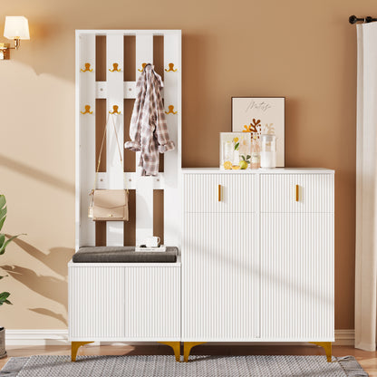 Halmeubel Set – Halmeubelcombinatie – Schoenenkast – Garderobekast – Schoenenbank – Wit – Goudkleurige Haken – Comfortabel Zithoek Met Kussen