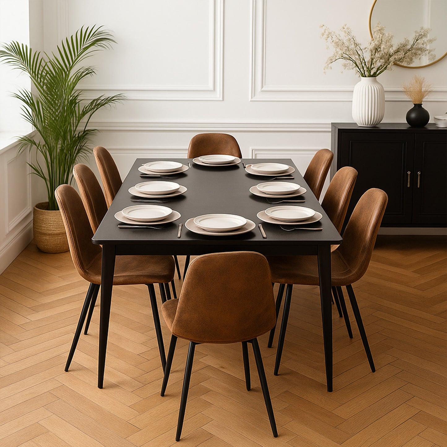 Eetkamerstoel – Stoel – Kuipstoel – Keukenstoel – Zithoekstoel – Bruin Suède – Metalen Poten – Gebogen Rugleuning – Vintage Stijl – 44x53x86 cm – Set van 4