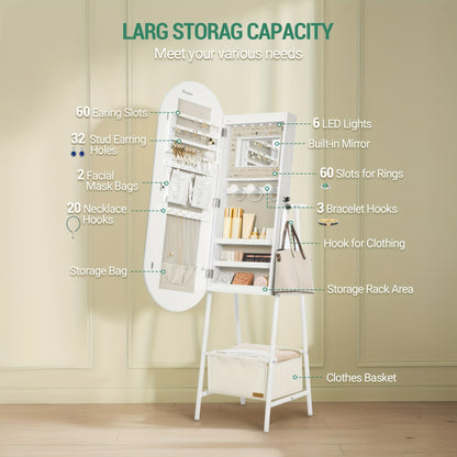 Jewelry Cabinet, Standing Mirror Cabinet, Built-in 6-LED Lighting And Mirror, Lockable, Wall Cabinet with Mirror, with Hanging Compartments And Baskets, Modern Elegance, White, Jewelry Armoires