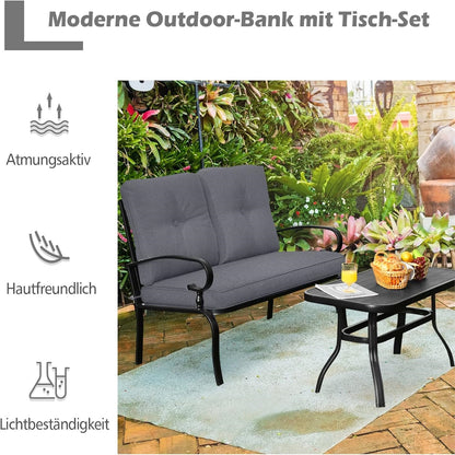 Tuinbank – Buitenbank – Balkonbank – Zitbank – Tuin Zitgroep – Comfortabel Met Kussens – Duurzaam Metalen Frame – Inclusief Koffietafel 120x76 cm