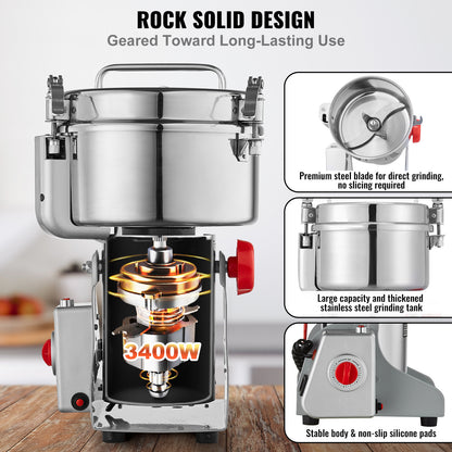 Elektrische Kruidenmaler – Graanmaler – Specerijenmolen – Koffiemolen – Poedermolen – 2500g Capaciteit – 3600W Motor – 270° Swing Ontwerp – RVS 403 Veilig