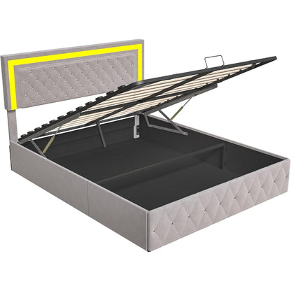 Bed 140x200 cm – Tweepersoonsbed – Opbergbed – Gestoffeerd Bed – Led Bed – Hydraulisch Liftsysteem – Luxe Beige Velvet – Verstelbare LED-lichtstrip