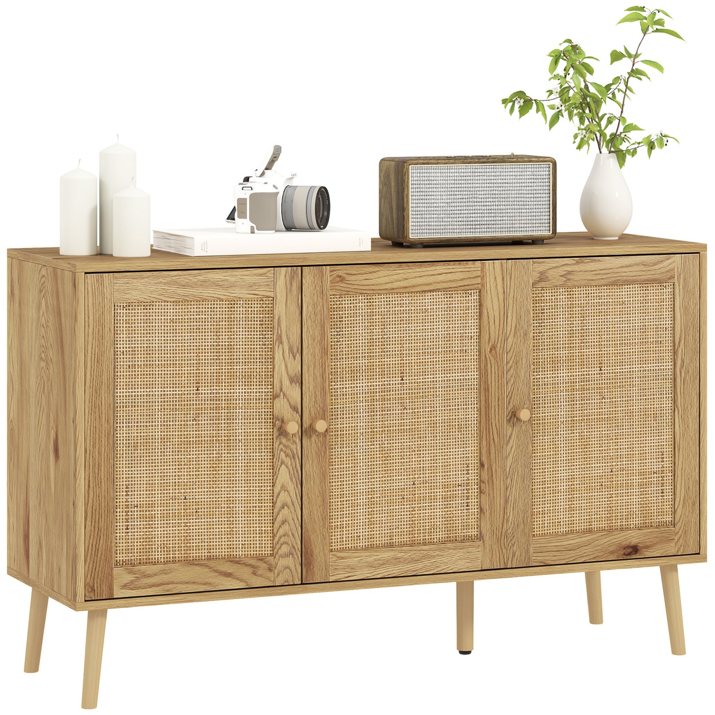 Buffet – Dressoir – Opbergkast – Ladekast – Wandmeubel – Natuurlijk Hout – Rotan Deuren – Verstelbare Planken – 120x40x75 cm