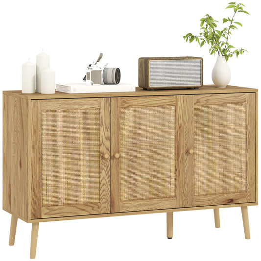 Buffet – Dressoir – Opbergkast – Ladekast – Wandmeubel – Natuurlijk Hout – Rotan Deuren – Verstelbare Planken – 120x40x75 cm