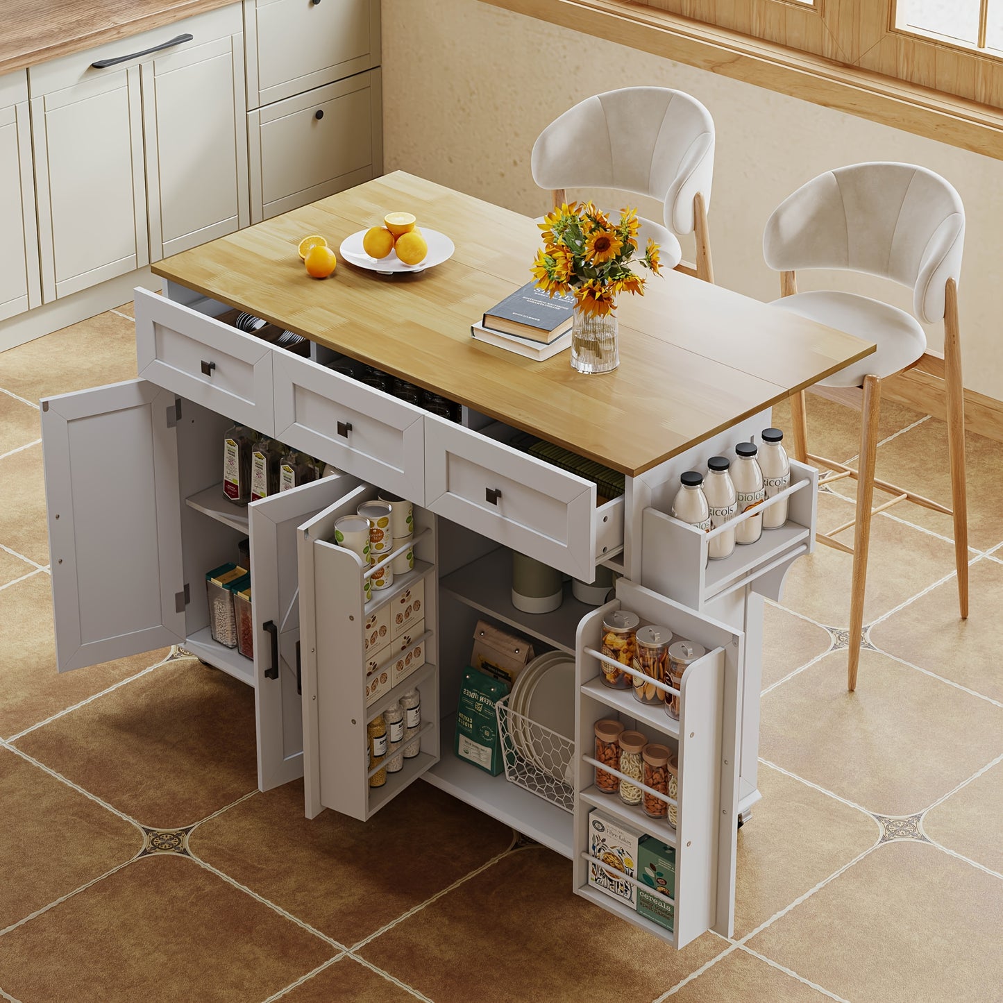 White Modern Farmhouse Kitchen Island with Fold-Down Worktop, 5 Lockable Casters, 4 Doors, 3 Drawers, Door Shelf & Double-Sided Towel Rack - Heavy-Duty Mobile Storage Cabinet with Spacious Work Surface, Barn-Style Design, Whi