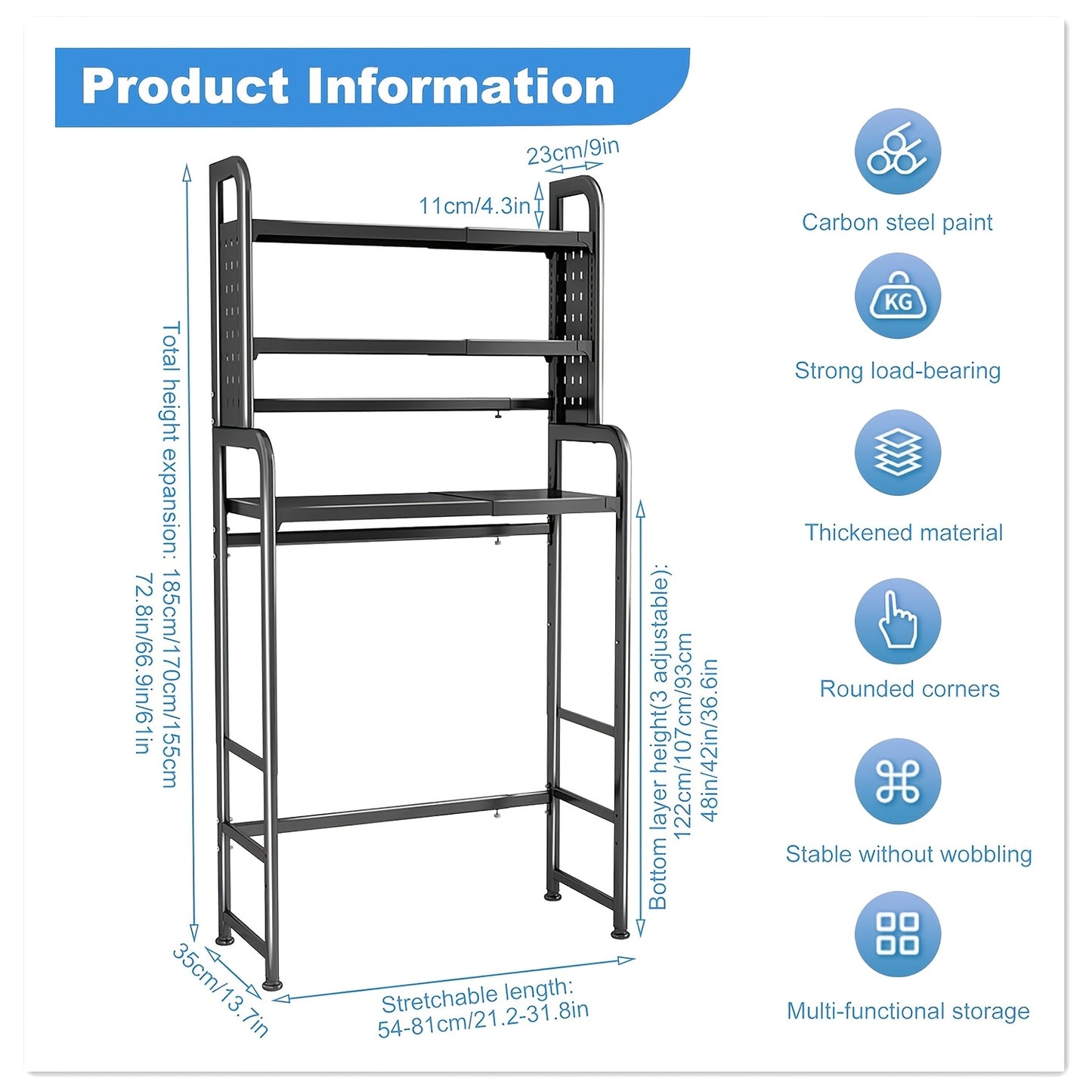 Opbergrek Wasruimte – Wasmachine Rek – Opslagrek – Badkamerrek – Stelling – Verstelbaar 155-185 cm – Metalen Staal – Antislipvoeten – 3 Planken – Wit