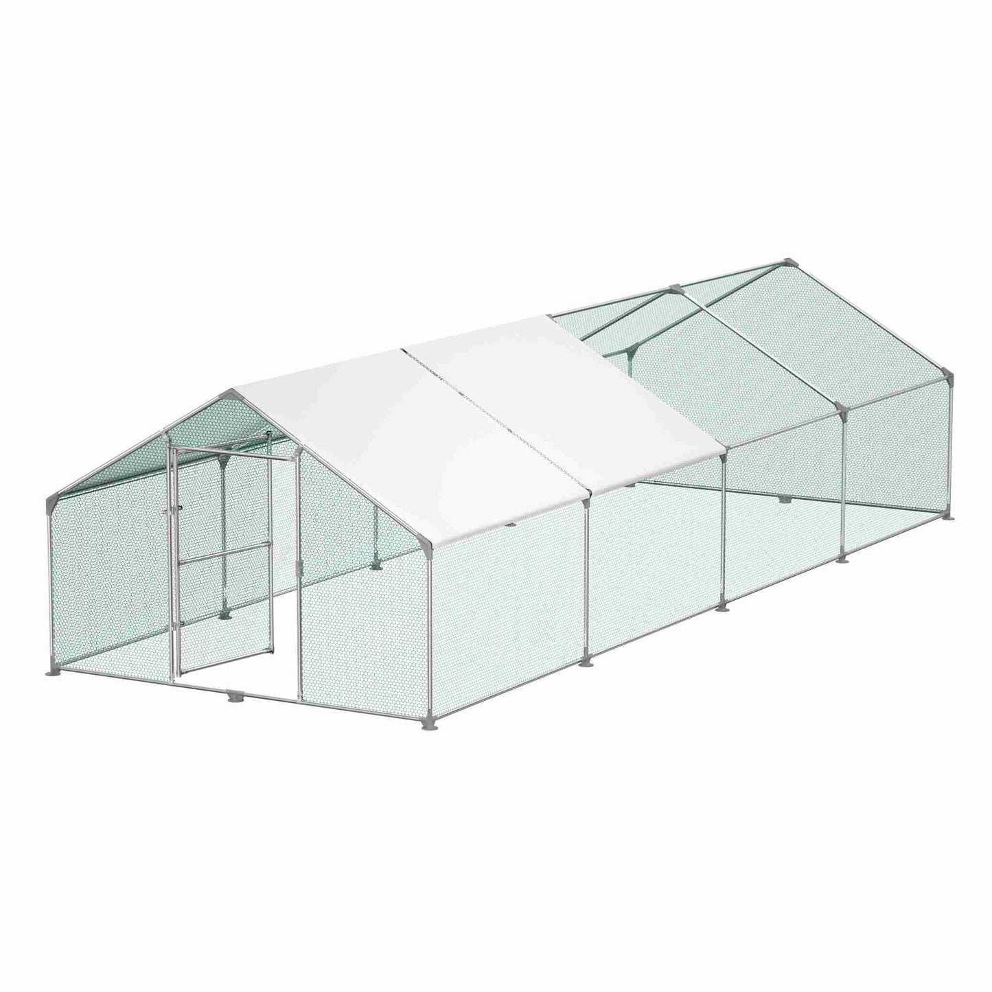 Kippenren – Kippenhok – Buitenren – Pluimveebench – Dierenverblijf – 3x8x2 Meter – Verzinkt Stalen Frame – Inclusief Schaduwdoek & Deur Met Slot