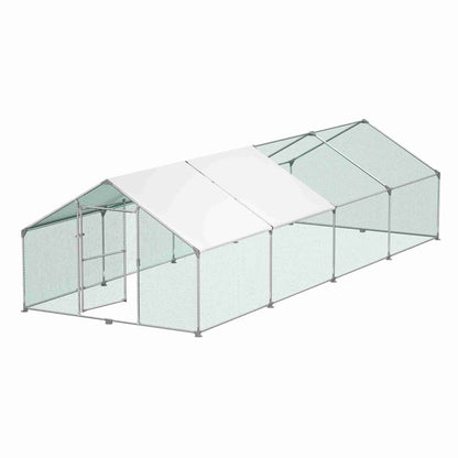 Kippenren – Kippenhok – Buitenren – Pluimveebench – Dierenverblijf – 3x8x2 Meter – Verzinkt Stalen Frame – Inclusief Schaduwdoek & Deur Met Slot