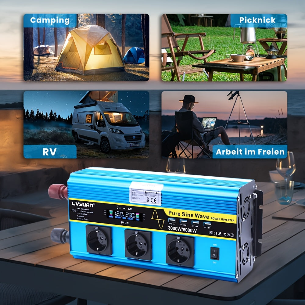 Zuivere Sinusgolf Omvormer – Spanningsomzetter – Power Inverter – 12V naar 230V Converter – Mobiele Stroomvoorziening – 3000 Watt Continu Vermogen – Afstandsbediening en LCD-Display