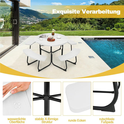 Picknicktafel – Tuinset – Terrasmeubilair – Buitenmeubel – Tuintafel Met Bankjes – Wit – 8-Persoons – Rond Met HDPE Blad En Parasolhouder