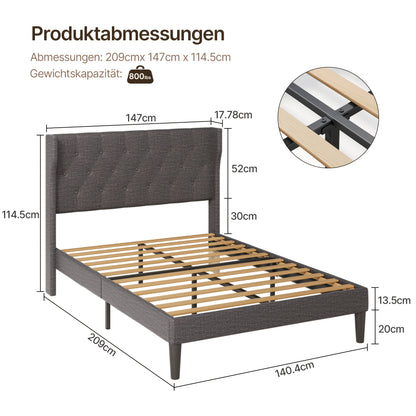 Bedframe 140x200 – Tweepersoonsbed – Slaapbank – Lattenbodem – Boxspring – Stille Lattenbodem – Opbergruimte 20 cm – Hout & Metaal – Modern Marmerprint Hoofdeinde