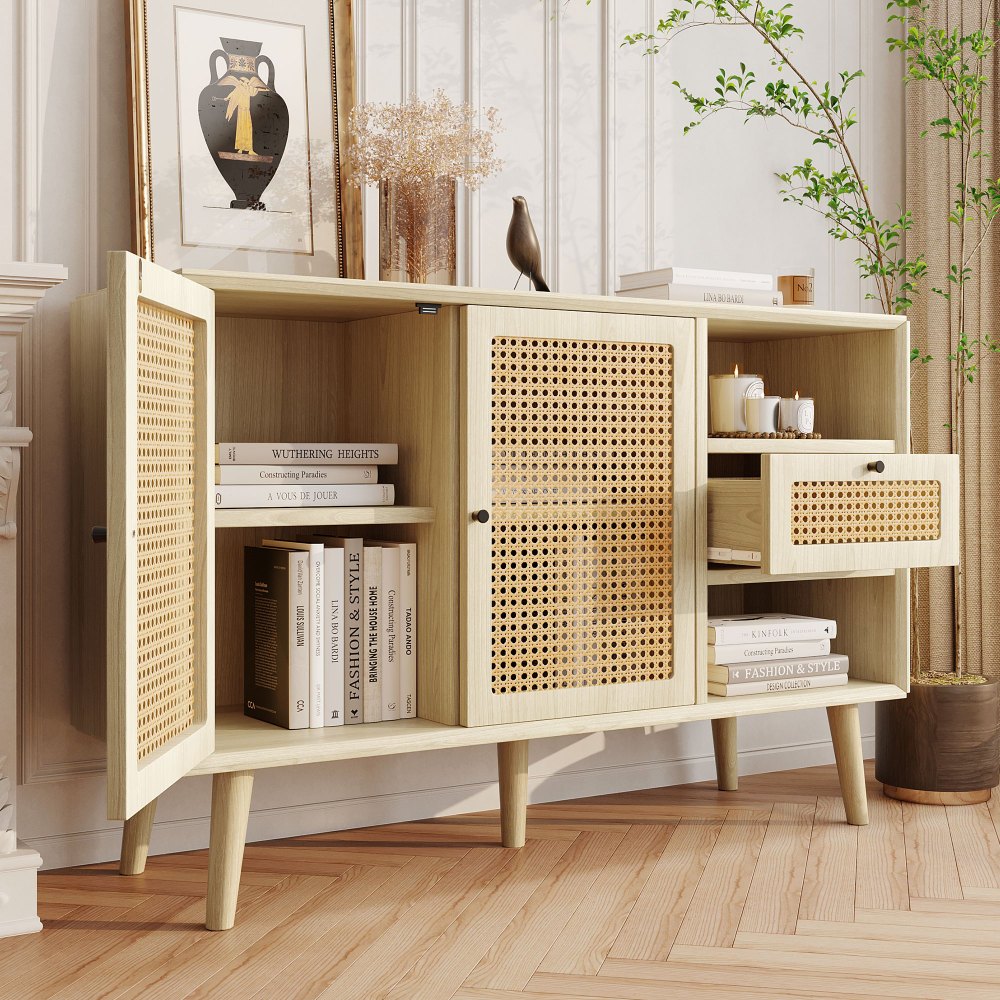 Dressoir – Ladekast – Opbergkast – Buffetkast – Kast – MDF Constructie – Massief Houten Poten – 1 Lade – 2 Deuren Met Rattan Vlechtwerk – Verstelbare Planken – Eikenlook 120x40x80 cm