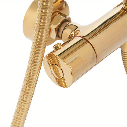 Thermostatische Doucheset – Douchekraan – Douchepaneel – Handdouche – Douchestang – Gouden 25 cm Rond – Verstelbare Hoogte en Kantelbare Hoofddouche – Duurzaam Koper en Roestvrijstaal