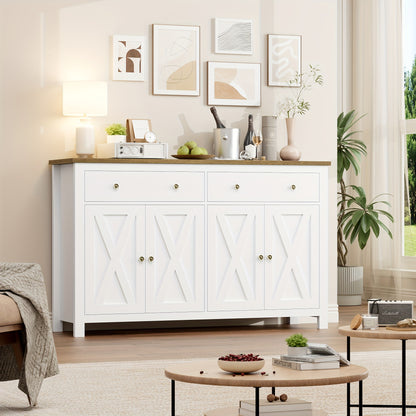 Buffetkast – Opbergkast – Keukenkast – Dressoir – Ladekast – Wit & Hout – Verstelbare Planken – Stevige Houten Constructie