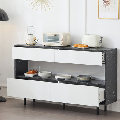150 X 35 X 89.5 Cm Black Marble Design Sideboard With Open Storage Space, 4 Drawers, Sturdy Metal Frame And Anti-tilt Protection, Elegant Storage Furniture For The Kitchen And Living Room