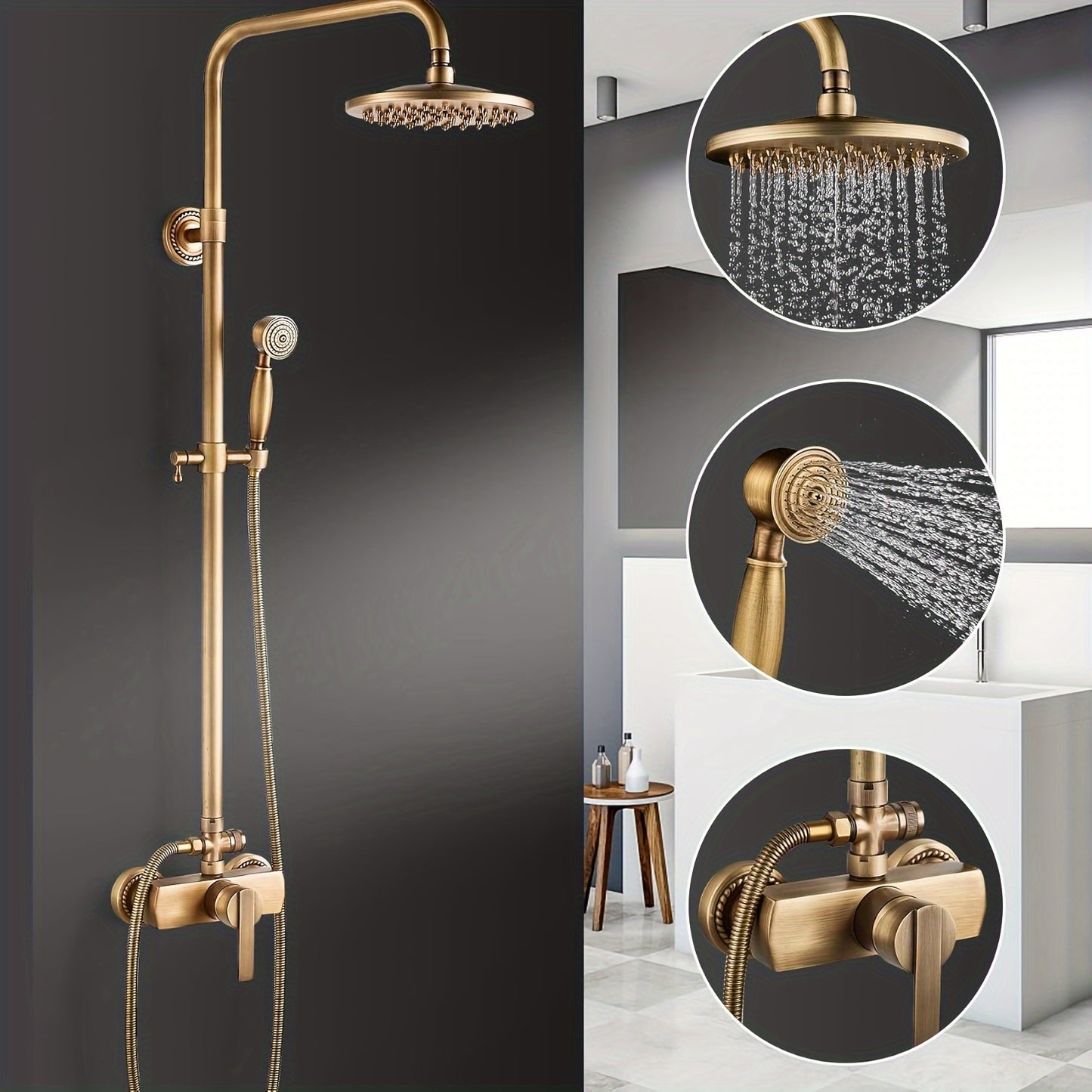 Doucheset Antiek Messing – Regendouche – Handdouche – Badkamerkraan – Douchearmatuur – Verstelbare Hoogte 70-120 cm – 8 Inch Regendouchekop