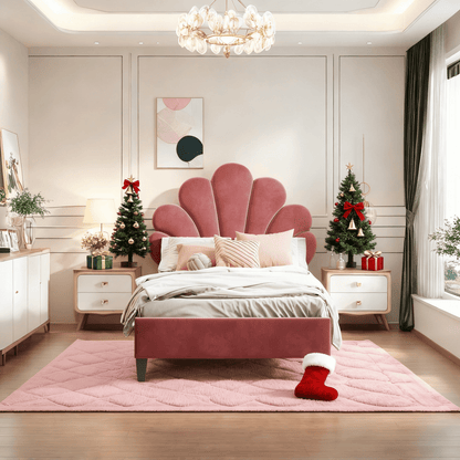 Eenpersoonsbed – Bed – Slaapbank – Kinderbed – Tienerbed – Roze Velvet Bloemvormig Hoofdbord – Stevige MDF Houten Constructie – Geschikt Voor Matras 90x200 cm