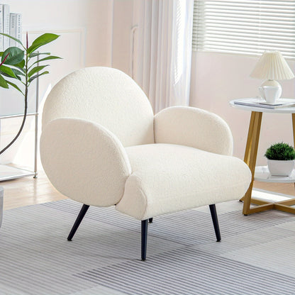 Sherpa Fauteuil – Comfortabele Zitzetel – Leesstoel – Teddystof Stoel – Modern Armstoel – Witte Fluffy Bekleding – Zwarte Metalen Poten – Ergonomisch Design – Knus Zitcomfort