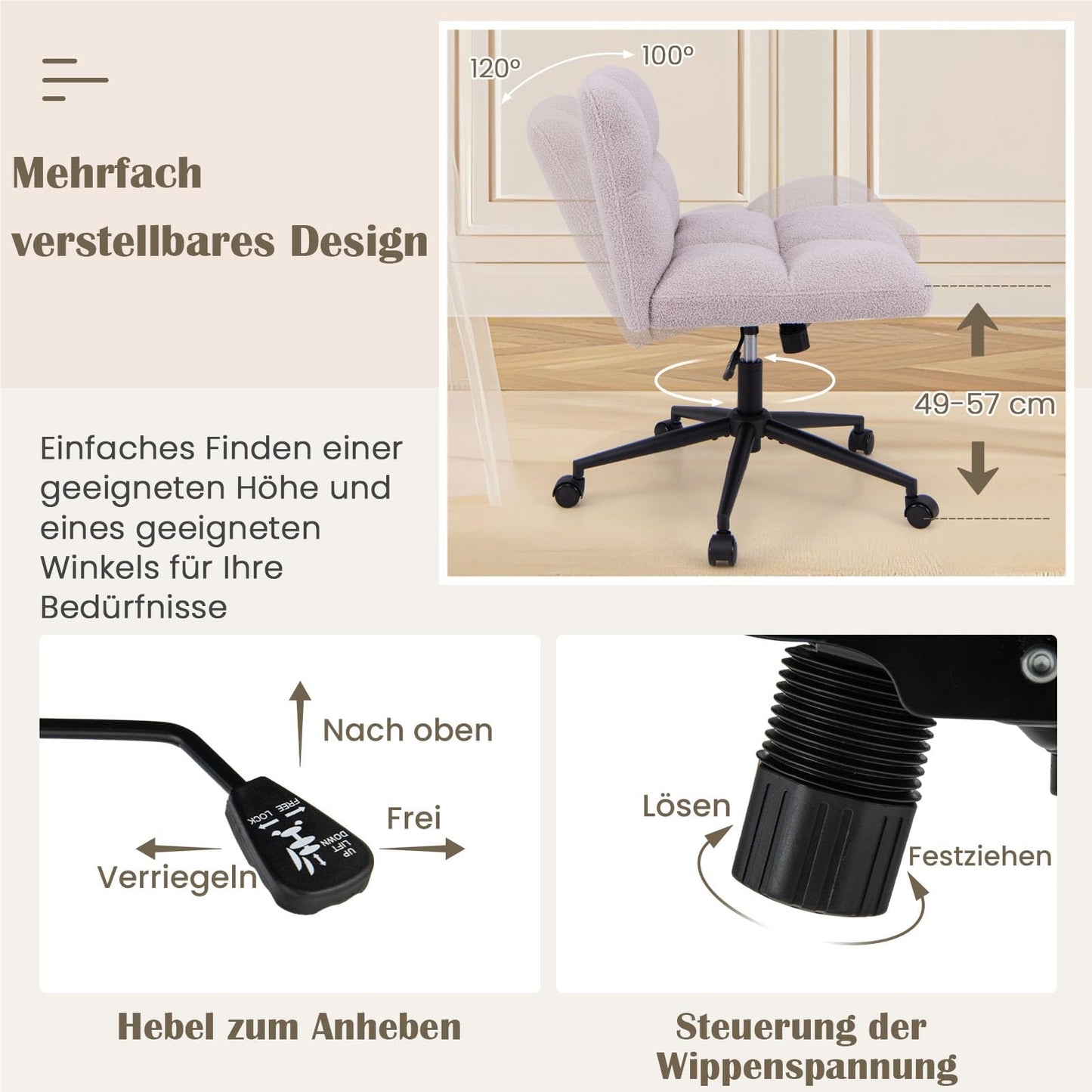 Bureaustoel – Draaistoel – Kantoorstoel – Make-upstoel – Stuhl – Verstelbare Hoogte – Kantelfunctie – Brede Zitting – Lichtgrijs