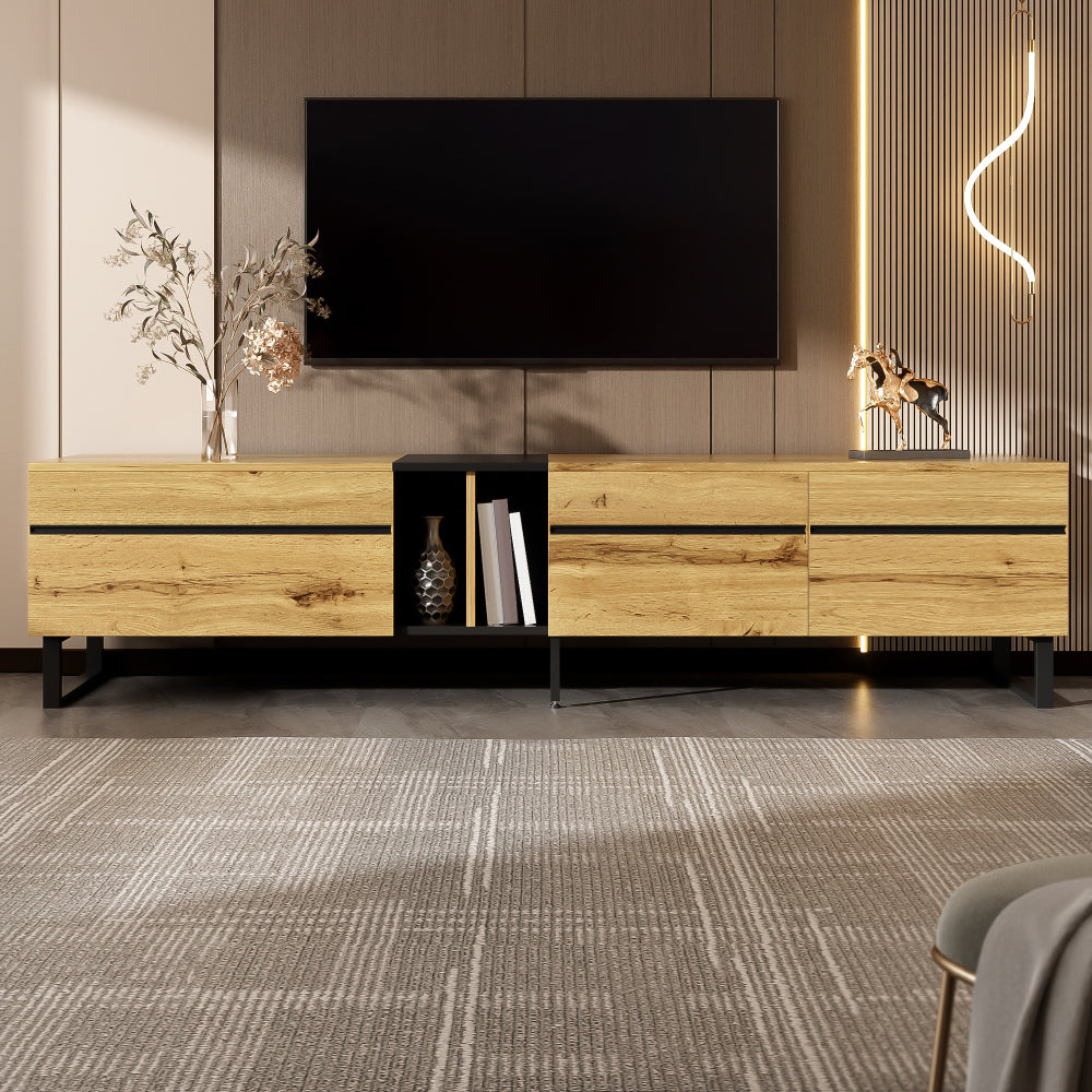 Modern TV Base Unit 180cm, featuring a lift-up storage compartment, open shelving and double doors. This minimalist TV cabinet serves as a versatile storage solution for dining, television and living room use, offering ample