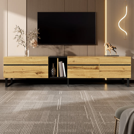Modern TV Base Unit 180cm, featuring a lift-up storage compartment, open shelving and double doors. This minimalist TV cabinet serves as a versatile storage solution for dining, television and living room use, offering ample