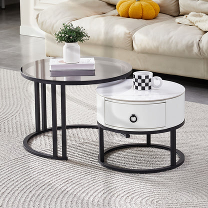 Salontafelset – Salontafels – Bijzettafels – Nesting Tafels – Woonkamertafelset – Glas en keramiek marmerlook – Met leren lade – 60 & 45 cm – Zwart Wit – Modern design – Duurzaam materiaal