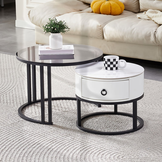 Salontafelset – Salontafels – Bijzettafels – Nesting Tafels – Woonkamertafelset – Glas en keramiek marmerlook – Met leren lade – 60 & 45 cm – Zwart Wit – Modern design – Duurzaam materiaal
