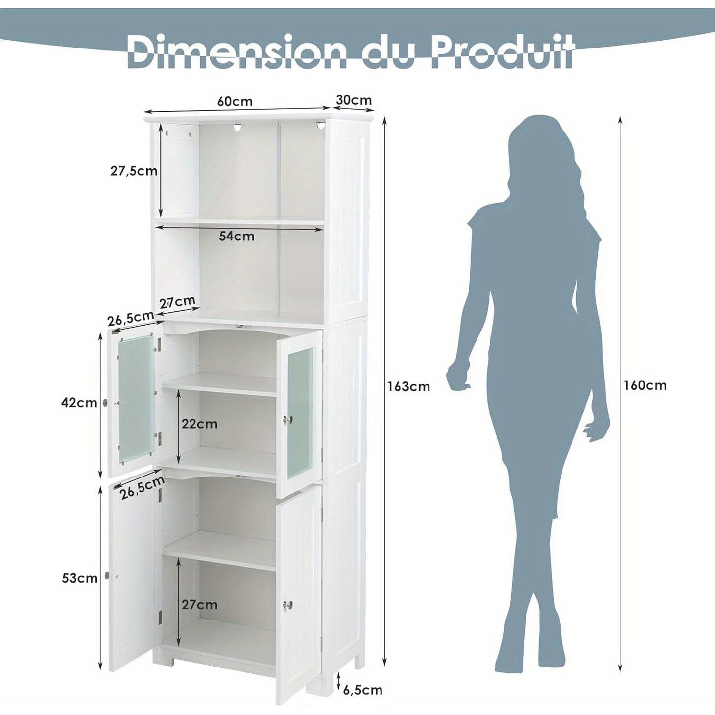 badkamerkast – kolomkast – opbergkast – badkamermeubel – wastafelonderkast – MDF & gehard glas – verstelbare planken 60x30x164 cm – wit
