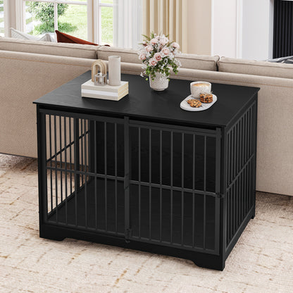 HZUANERI 110cm Dog Crate with 2 Doors & Reinforced Sliding Door - Heavy-Duty Metal Indoor/Outdoor Pet Cage for Small/Medium/Large Dogs Up to 100kg, 65x110x81cm, Black, Modern Design with Side Table & Ventilation Grills, Dog C