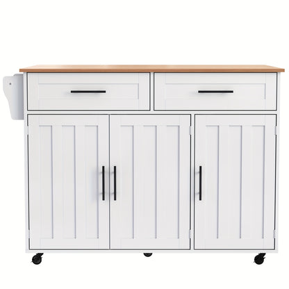 White Modern Mobile Kitchen Island with Folding Table Top, Built-In Shelves & Storage Cabinet, 2 Drawers - Heavy-Duty Metal Frame, Space-Saving Rolling Cart with Breakfast Bar, 129x46x91.5cm, No Electrical Required for Dining
