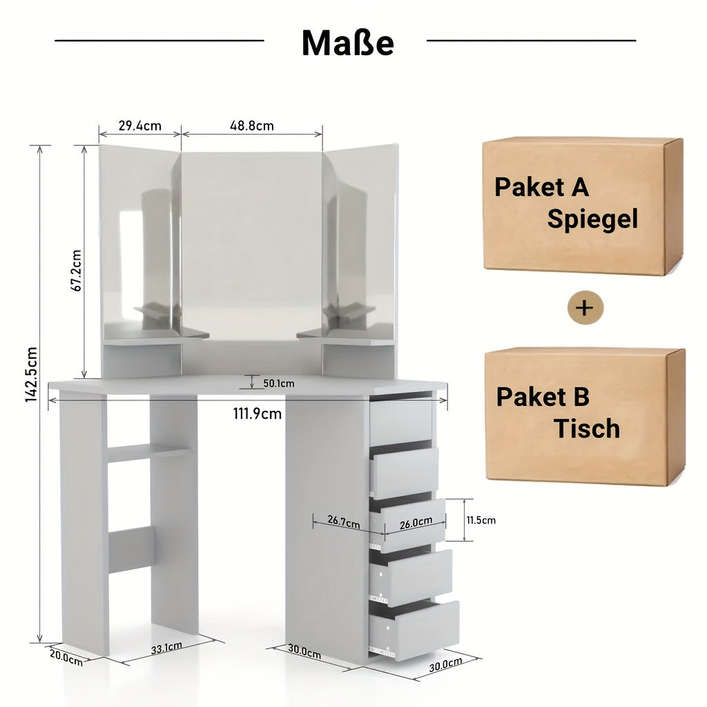 Hoekkosmetische Tafel – Hoekmake-uptafel – Make-uptafel – Kaptafel – Schminktisch – 3 Spiegels – 5 Laden – Ruimtebesparend – Moderne Grijze Styling