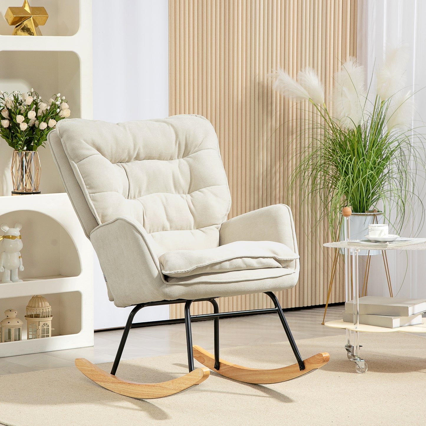 Schommelstoel – Schommelstoel Fauteuil – Draaifauteuil – Lounge Stoel – Woonkamerstoel – Chenille Bekleding – Houten Basis – Max. Draagvermogen 120 kg