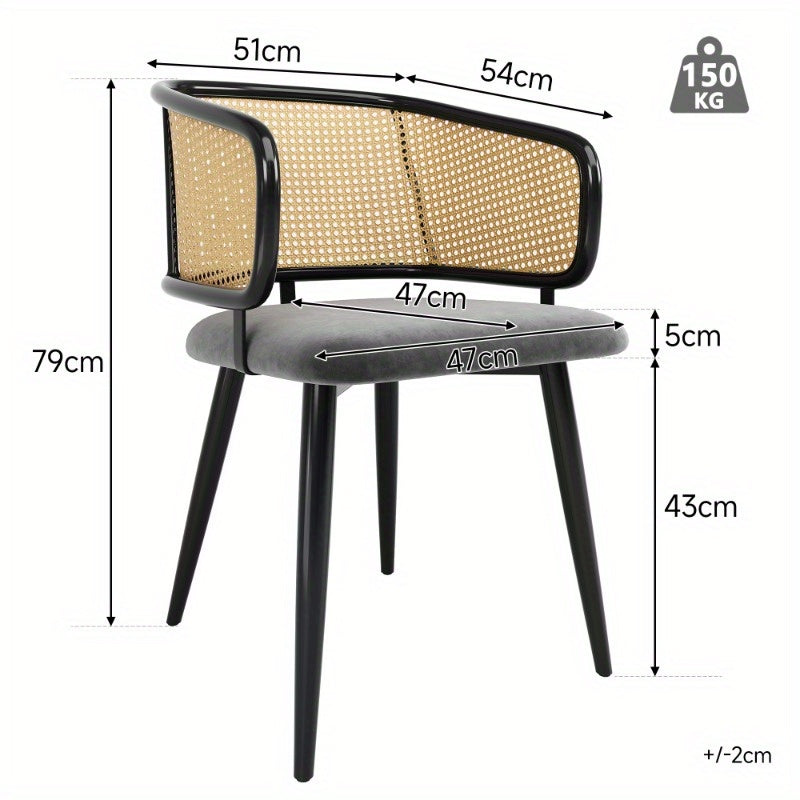 Eetkamerstoel – Stoel – Dining Chair – Keukenstoel – Caféstoel – Set Van 2 Stoelen – Fluwelen Zitting Met Rieten Rugleuning – Stevig Metalen Frame