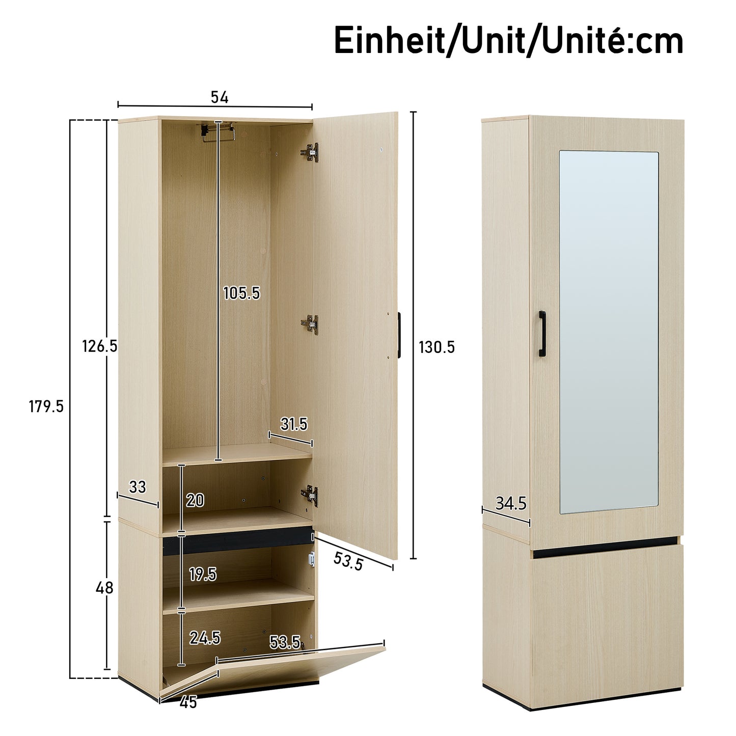 Garderobekast – Kledingkast – Kleerkast – Halmeubel – Opbergkast – Smal Design – Spiegeldeur en Uittrekbare Kledingstang – Bankje met Opbergruimte – MDF Houtlook