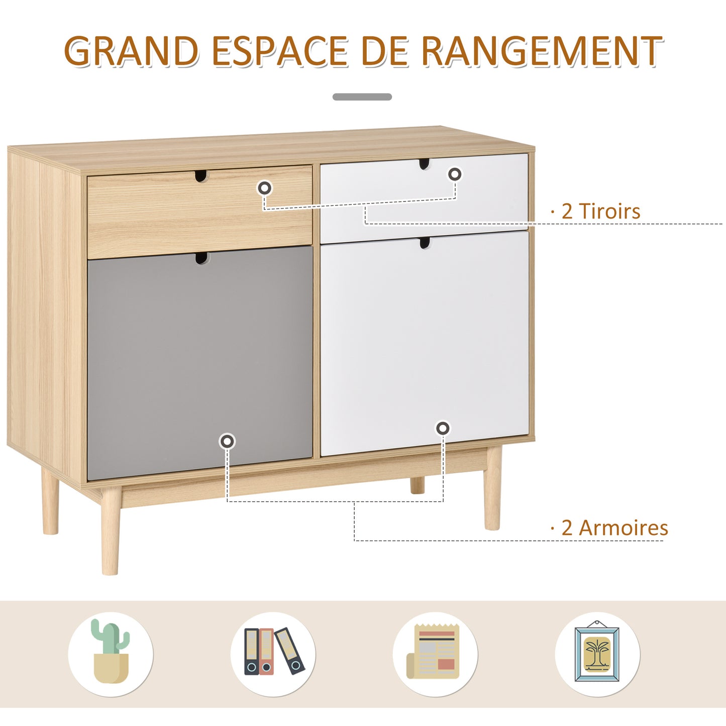 HOMCOM Scandinavian Style Kitchen Buffet, 2-Door Wardrobe with Sliding Drawers in Multicolor White Light Gray Wood