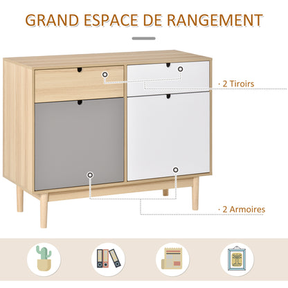 HOMCOM Scandinavian Style Kitchen Buffet, 2-Door Wardrobe with Sliding Drawers in Multicolor White Light Gray Wood